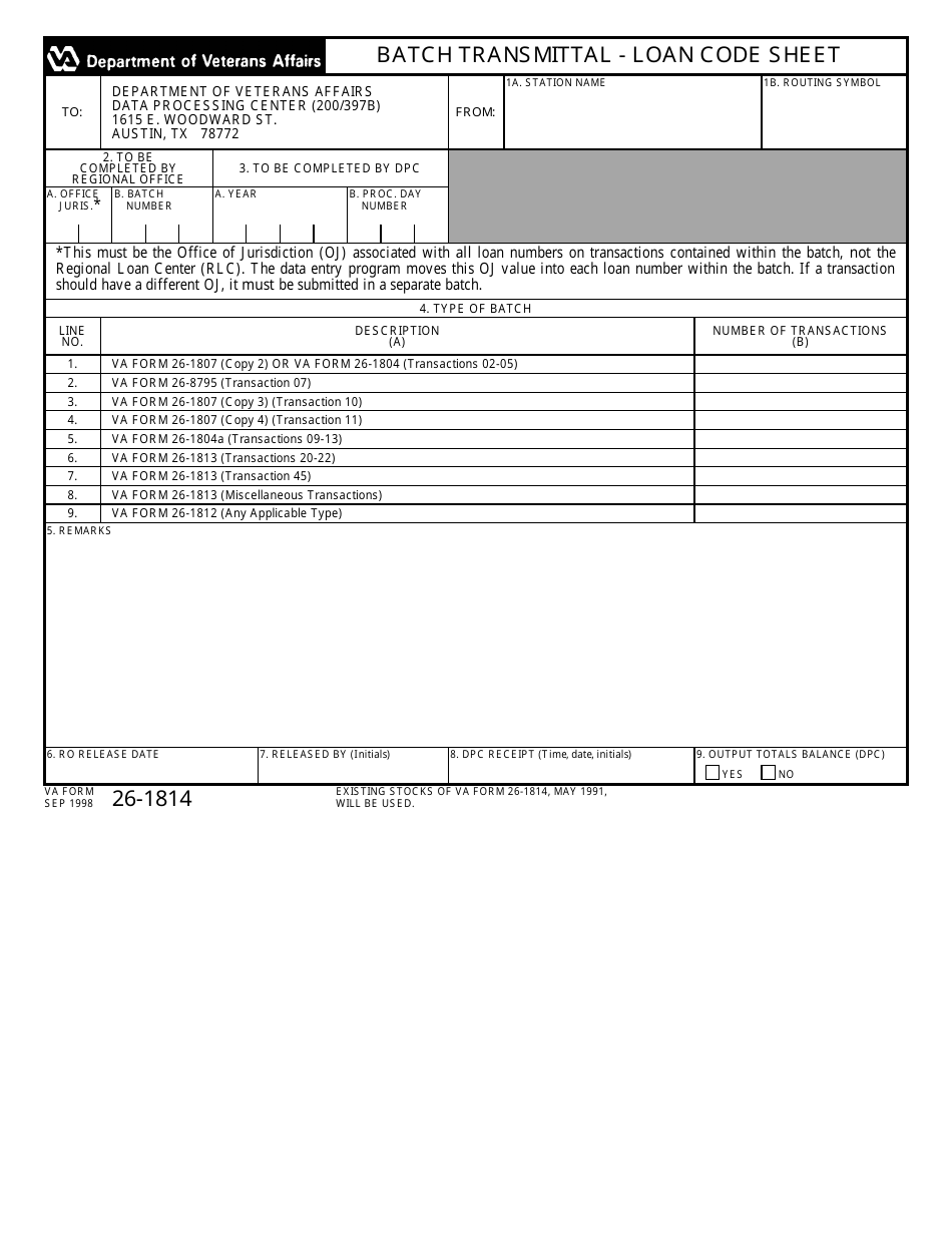 VA Form 26-1814 Batch Transmittal - Loan Code Sheet, Page 1