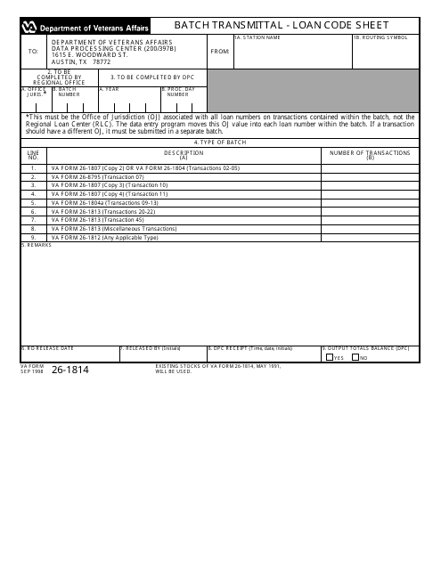 VA Form 26-1814 Batch Transmittal - Loan Code Sheet
