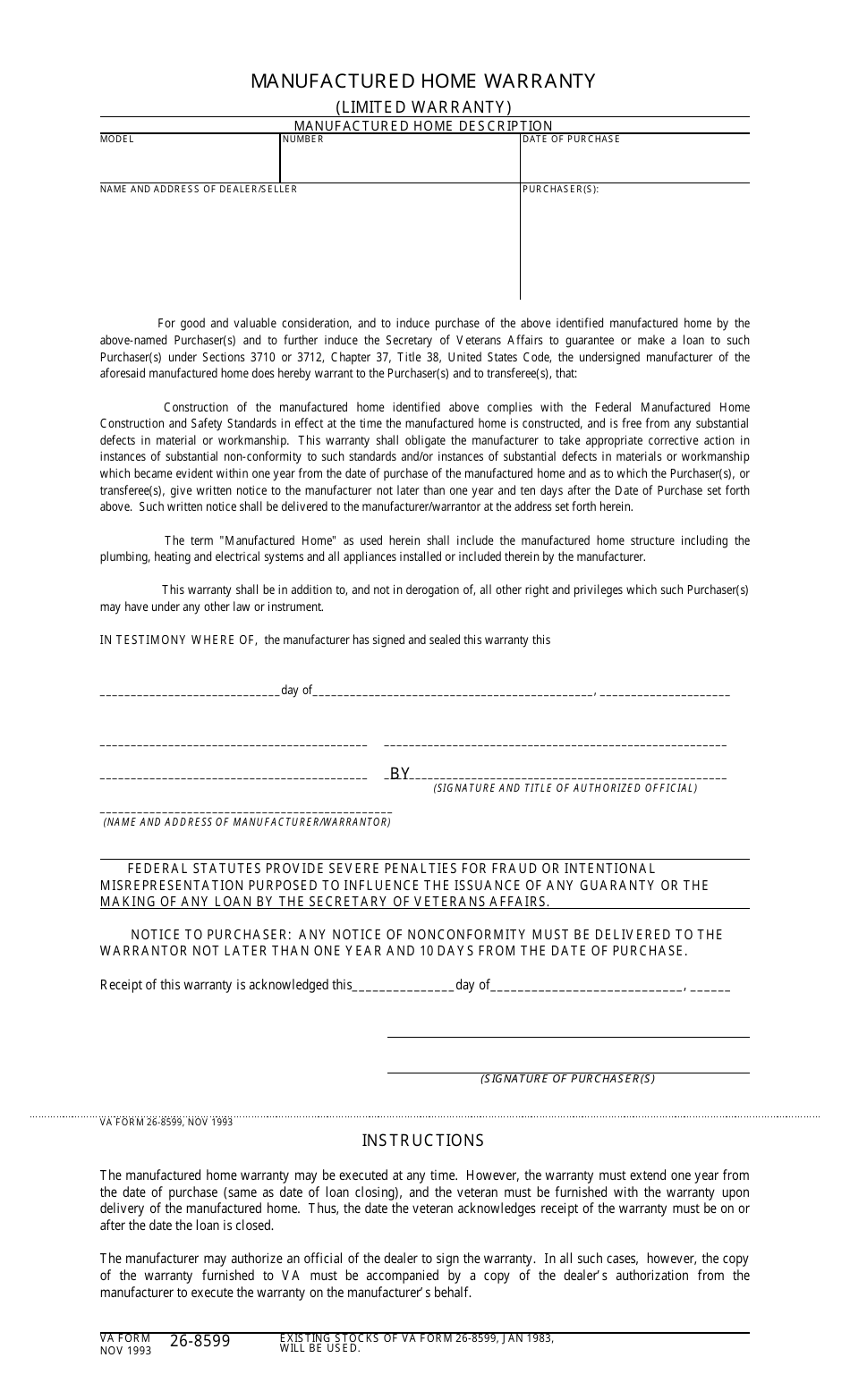 VA Form 26-8599 Manufactured Home Warranty, Page 1