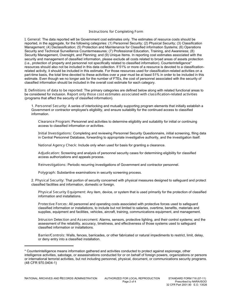 Form SF-716 Agency Security Classification Costs Estimates, Page 2