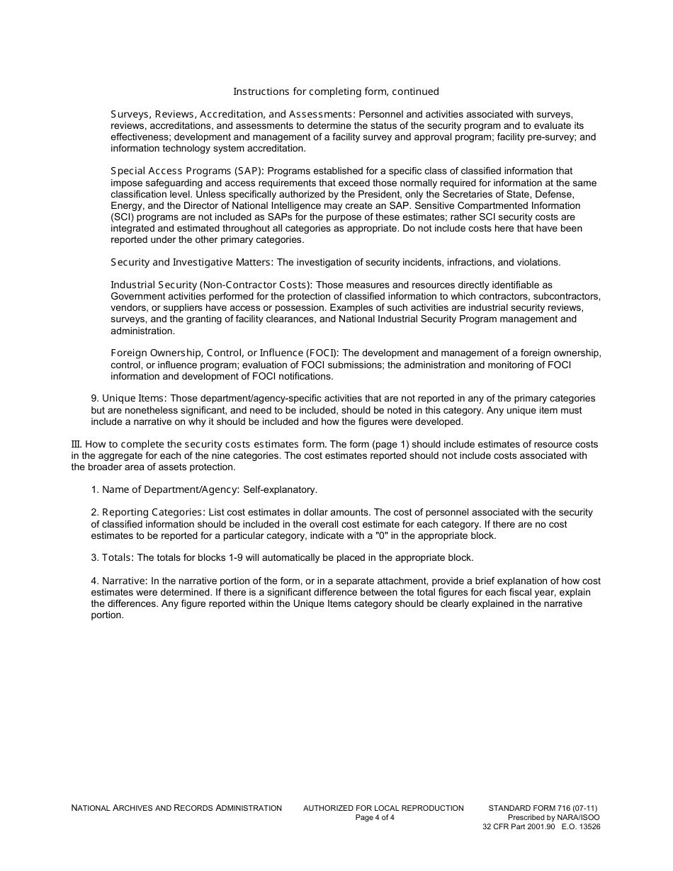 Form SF-716 Agency Security Classification Costs Estimates, Page 4