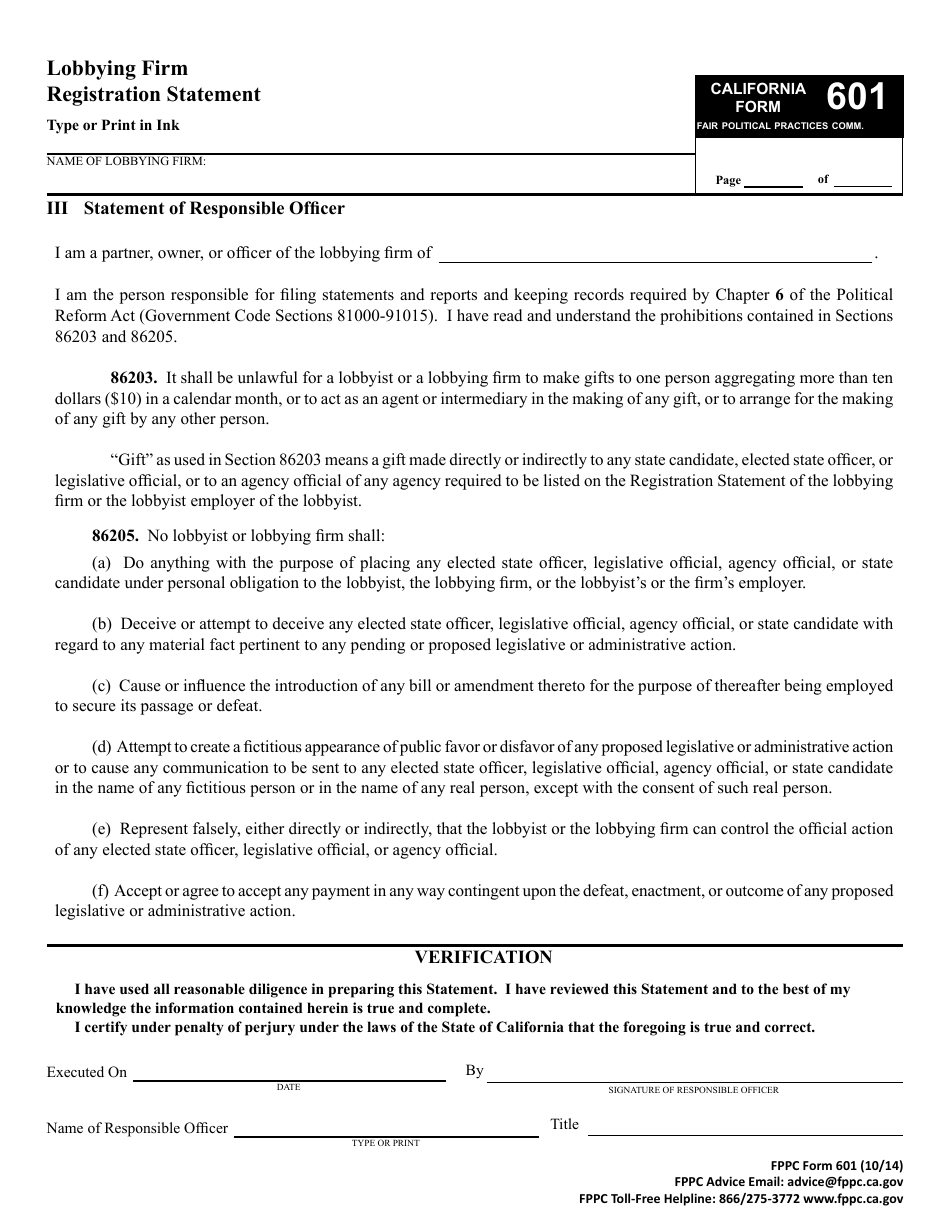 FPPC Form 601 Lobbying Firm Registration Statement - California, Page 5