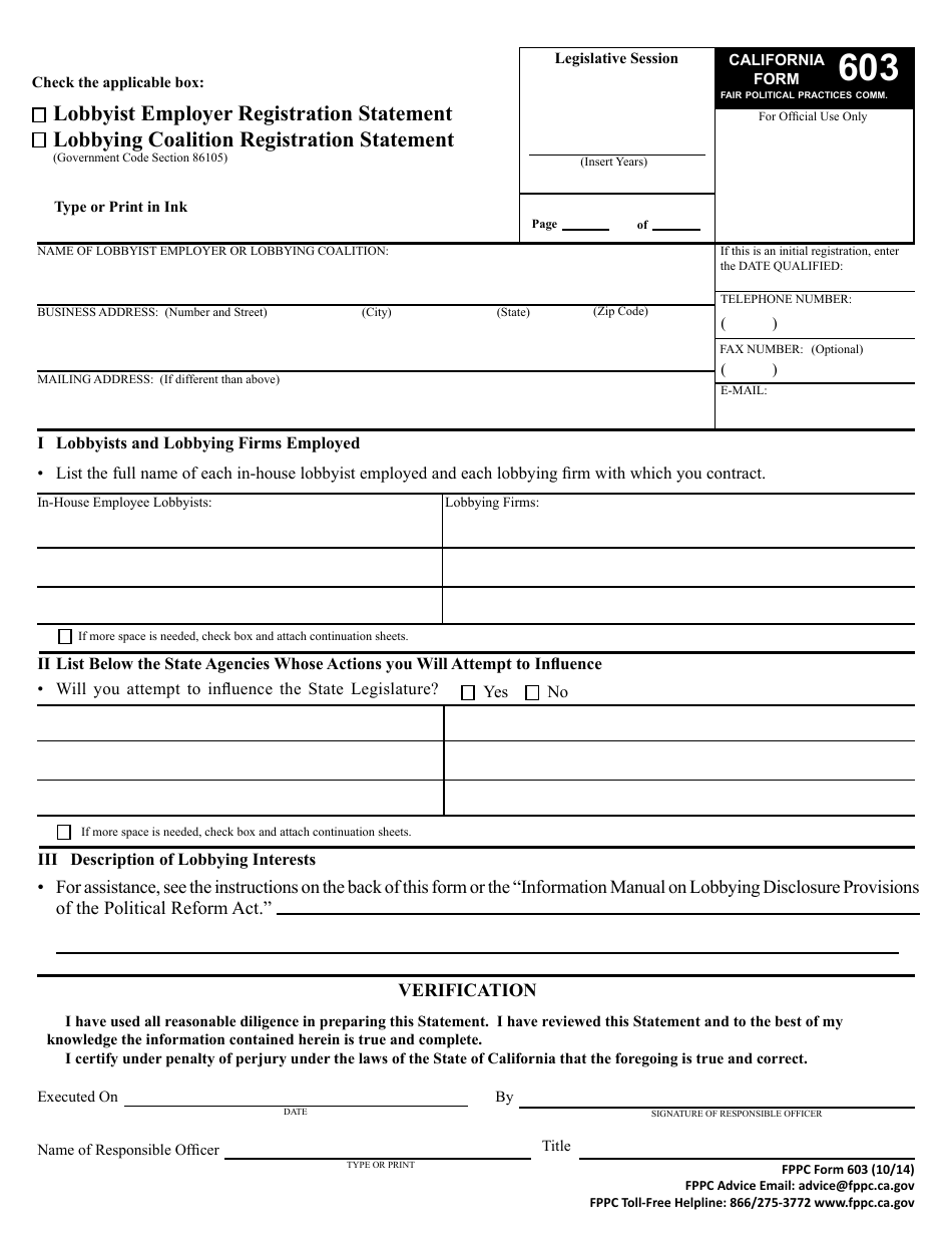 FPPC Form 603 Lobbyist Employer or Lobbying Coalition Registration Statement - California, Page 2