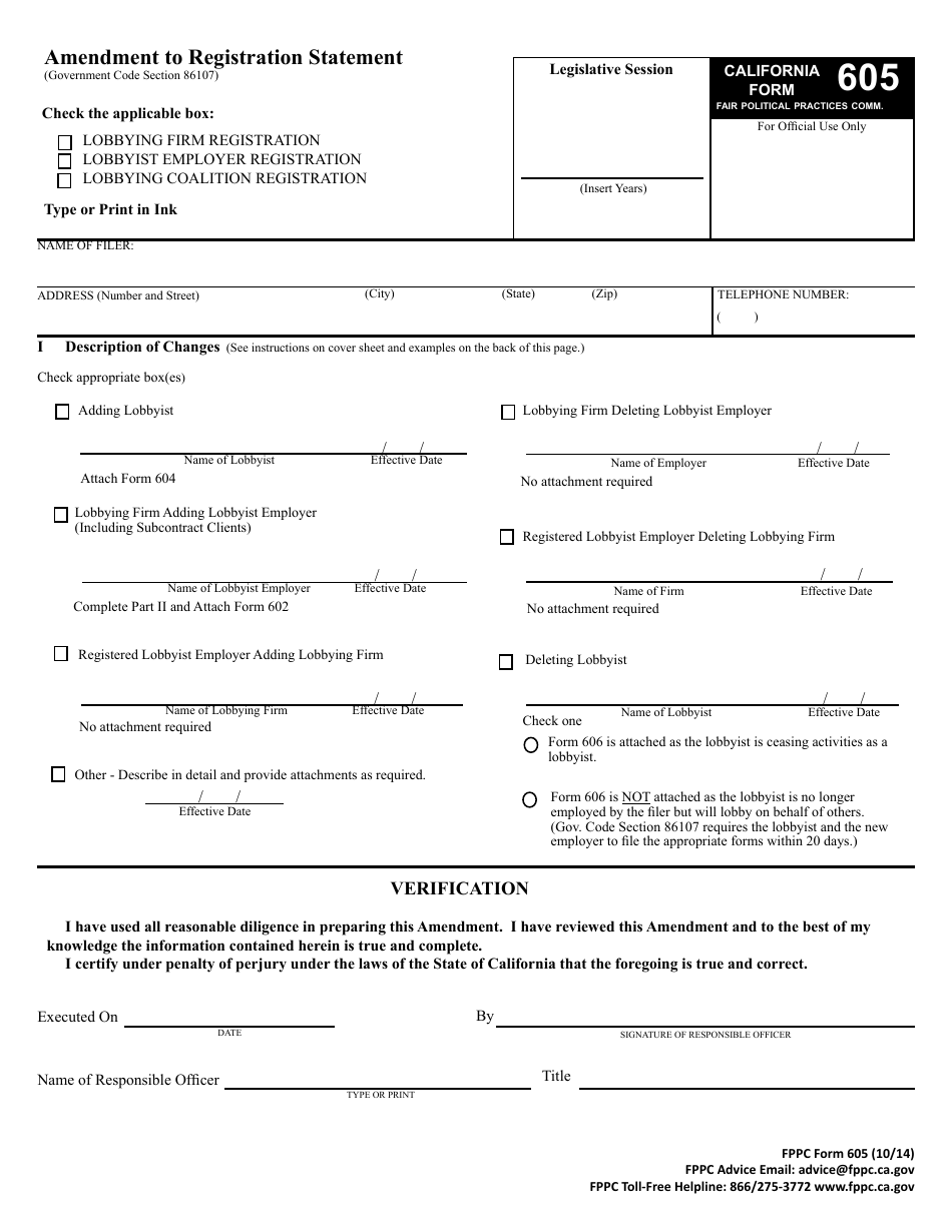 FPPC Form 605 Amendment to Registration Lobbying Firm, Lobbyist Employer, Lobbying Coalition - California, Page 2