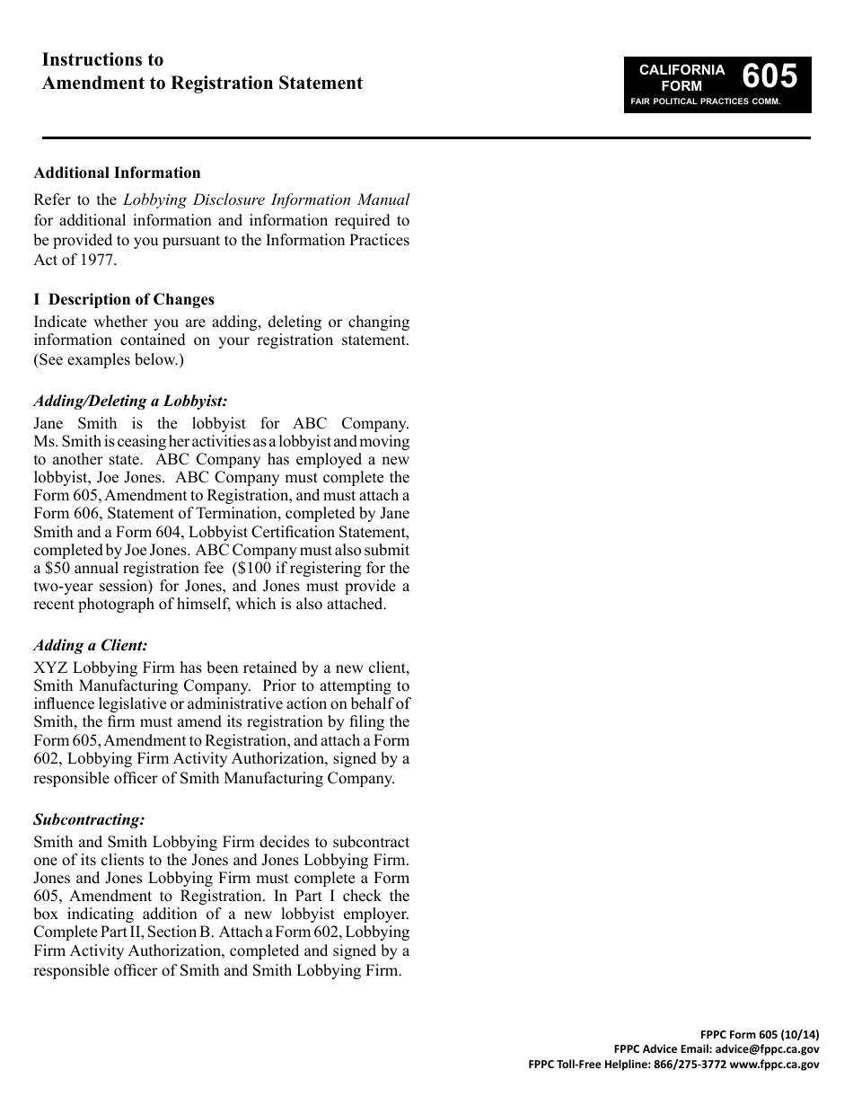 FPPC Form 605 Amendment to Registration Lobbying Firm, Lobbyist Employer, Lobbying Coalition - California, Page 3
