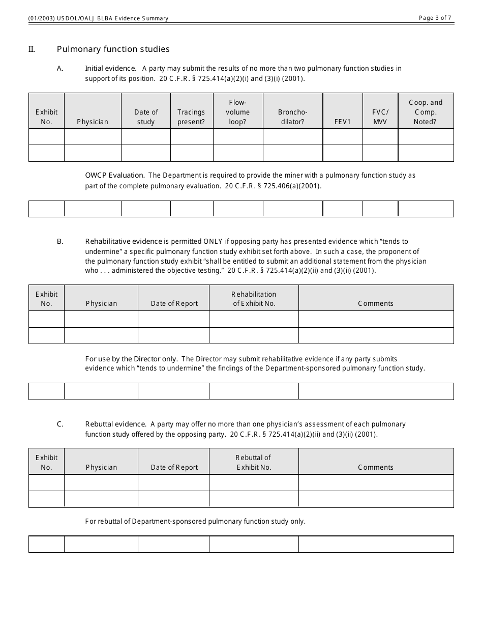 Black Lung Benefits Act Evidence Summary Form, Page 3