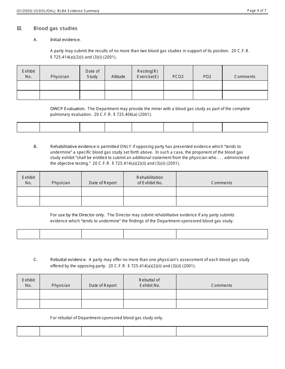Black Lung Benefits Act Evidence Summary Form, Page 4