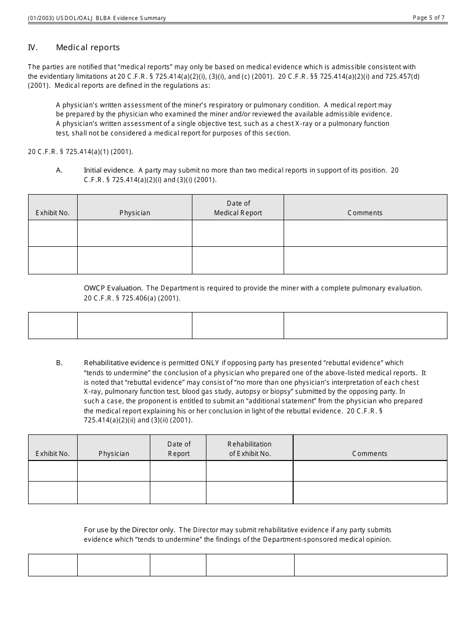 Black Lung Benefits Act Evidence Summary Form, Page 5