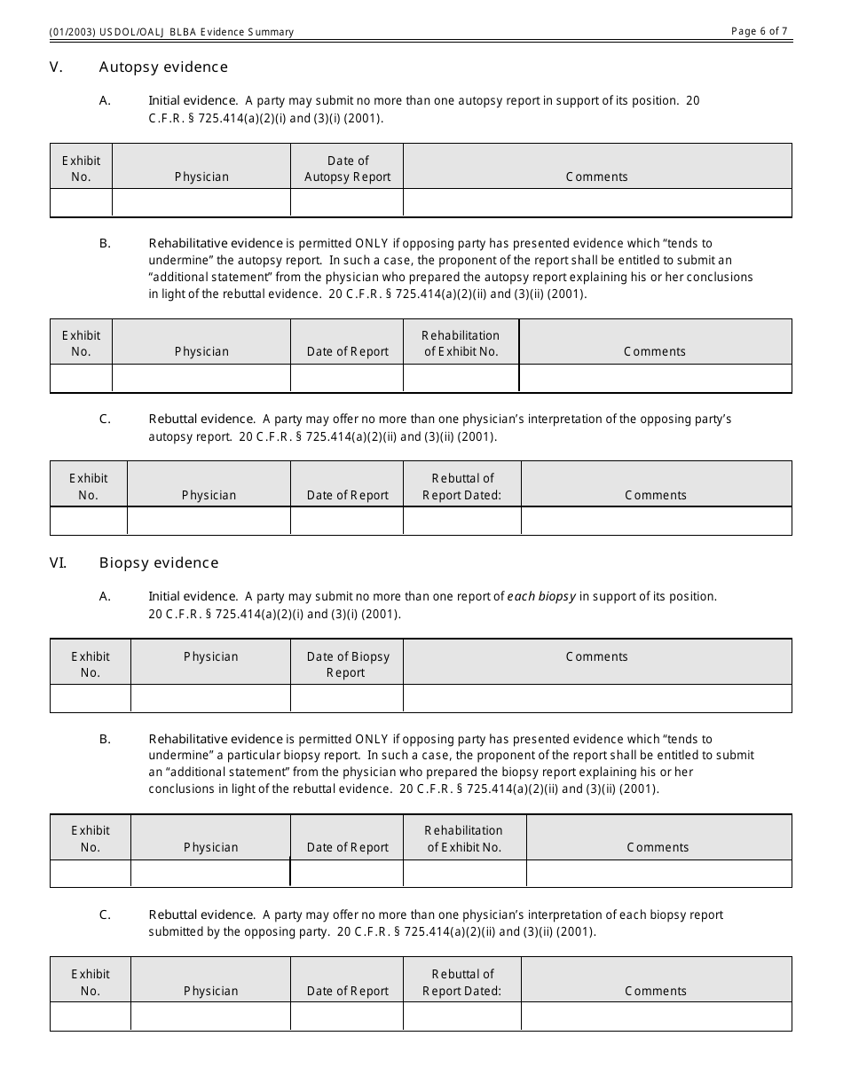 Black Lung Benefits Act Evidence Summary Form, Page 6