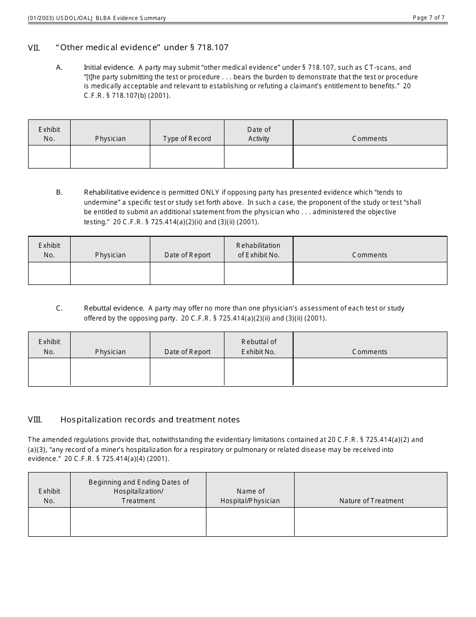 Black Lung Benefits Act Evidence Summary Form, Page 7