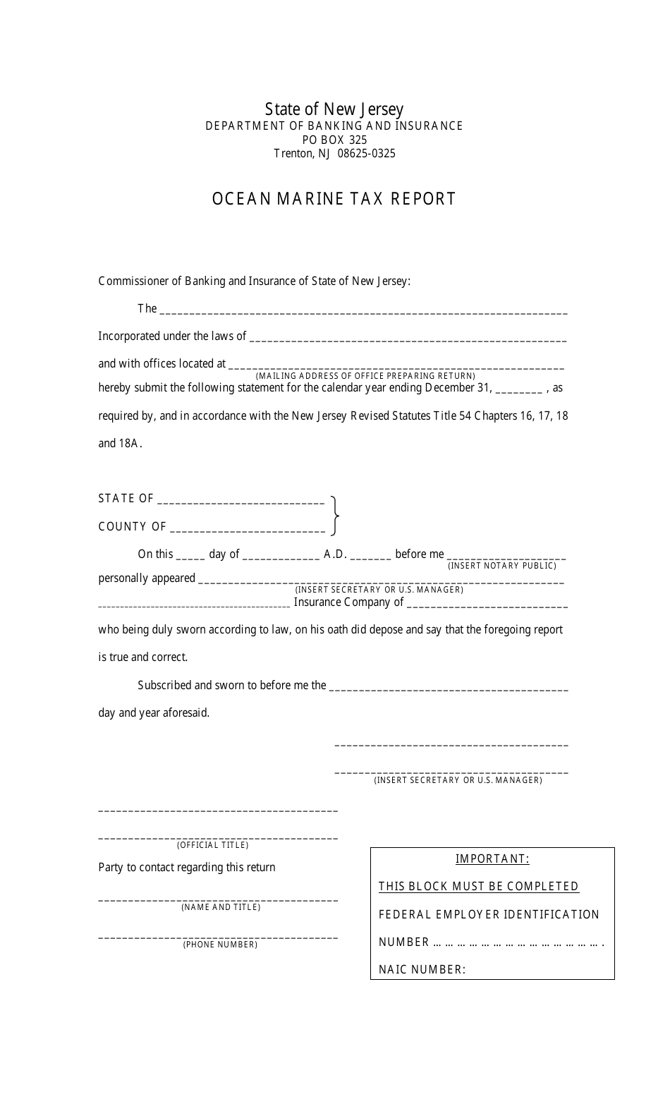 New Jersey Ocean Marine Tax Report Fill Out, Sign Online and Download