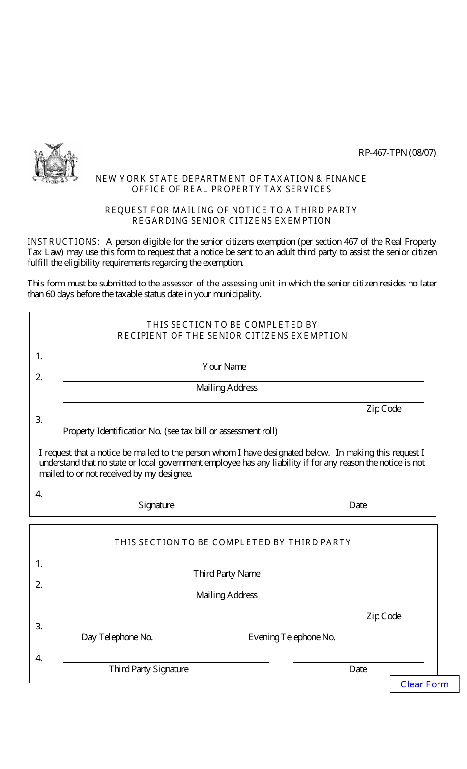 Form RP-467-TPN Request for Mailing of Notice to a Third Party Regarding Senior Citizens Exemption - New York, Page 1