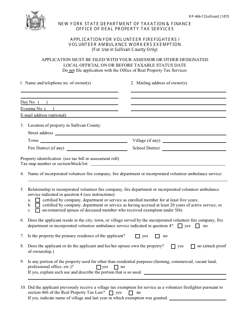 Form RP-466-F [SULLIVAN] Application for Volunteer Firefighters / Volunteer Ambulance Workers Exemption (For Use in Sullivan County Only) - New York