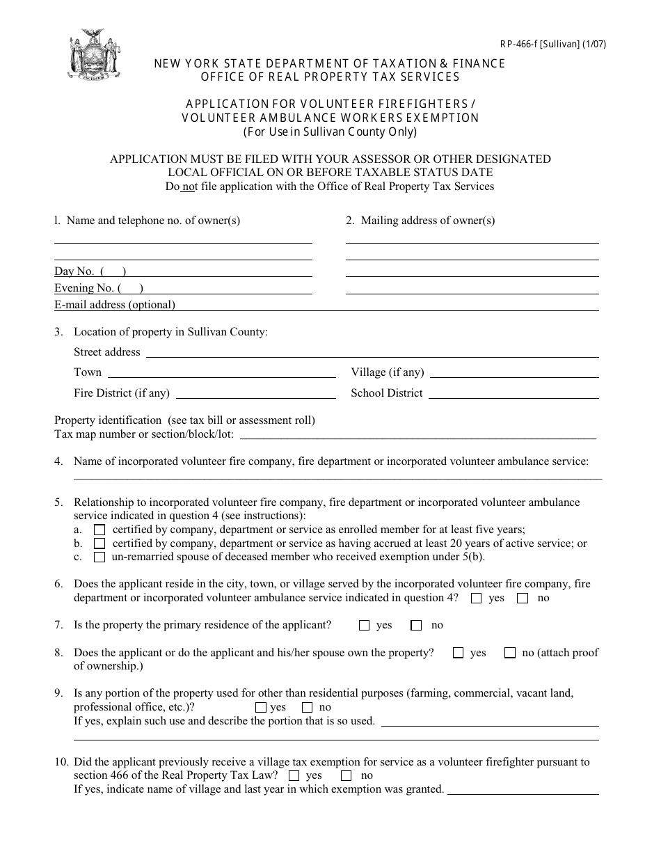 Form RP-466-F [SULLIVAN] Application for Volunteer Firefighters / Volunteer Ambulance Workers Exemption (For Use in Sullivan County Only) - New York, Page 1