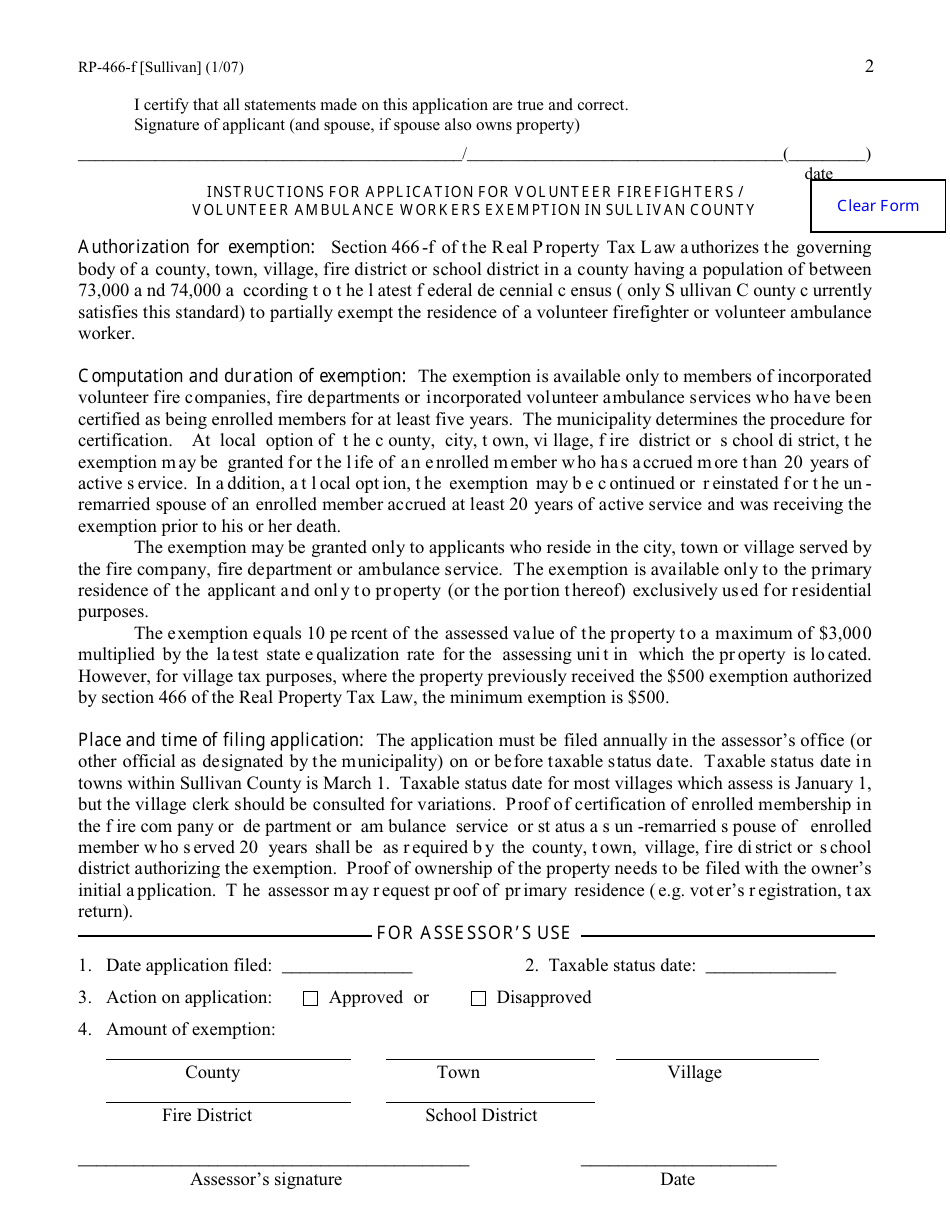 Form RP-466-F [SULLIVAN] Application for Volunteer Firefighters / Volunteer Ambulance Workers Exemption (For Use in Sullivan County Only) - New York, Page 2