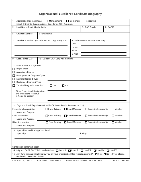 CAP Form 1 Organizational Excellence Candidate Biography