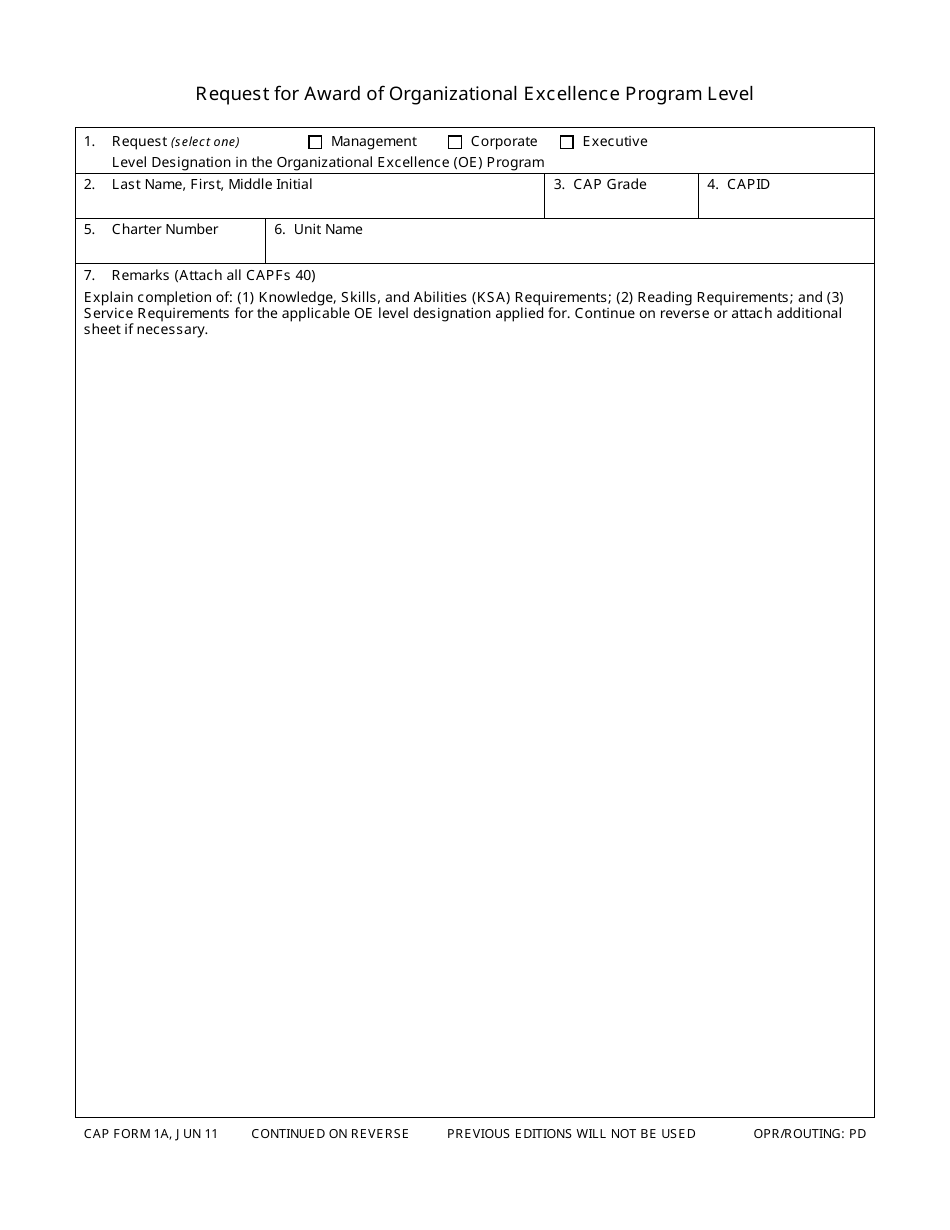 CAP Form 1A Request for Award of Organizational Excellence Program Level, Page 1