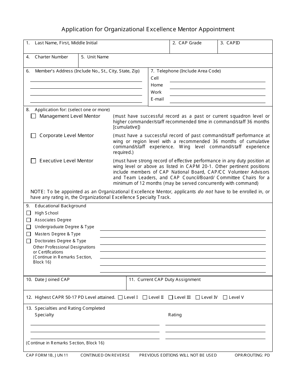 CAP Form 1B Application for Organizational Excellence Mentor Appointment, Page 1