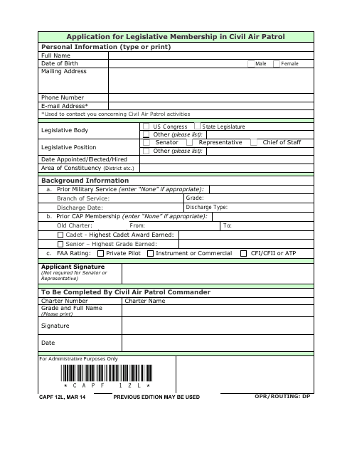 CAP Form 12L Application for Legislative Membership in Civil Air Patrol