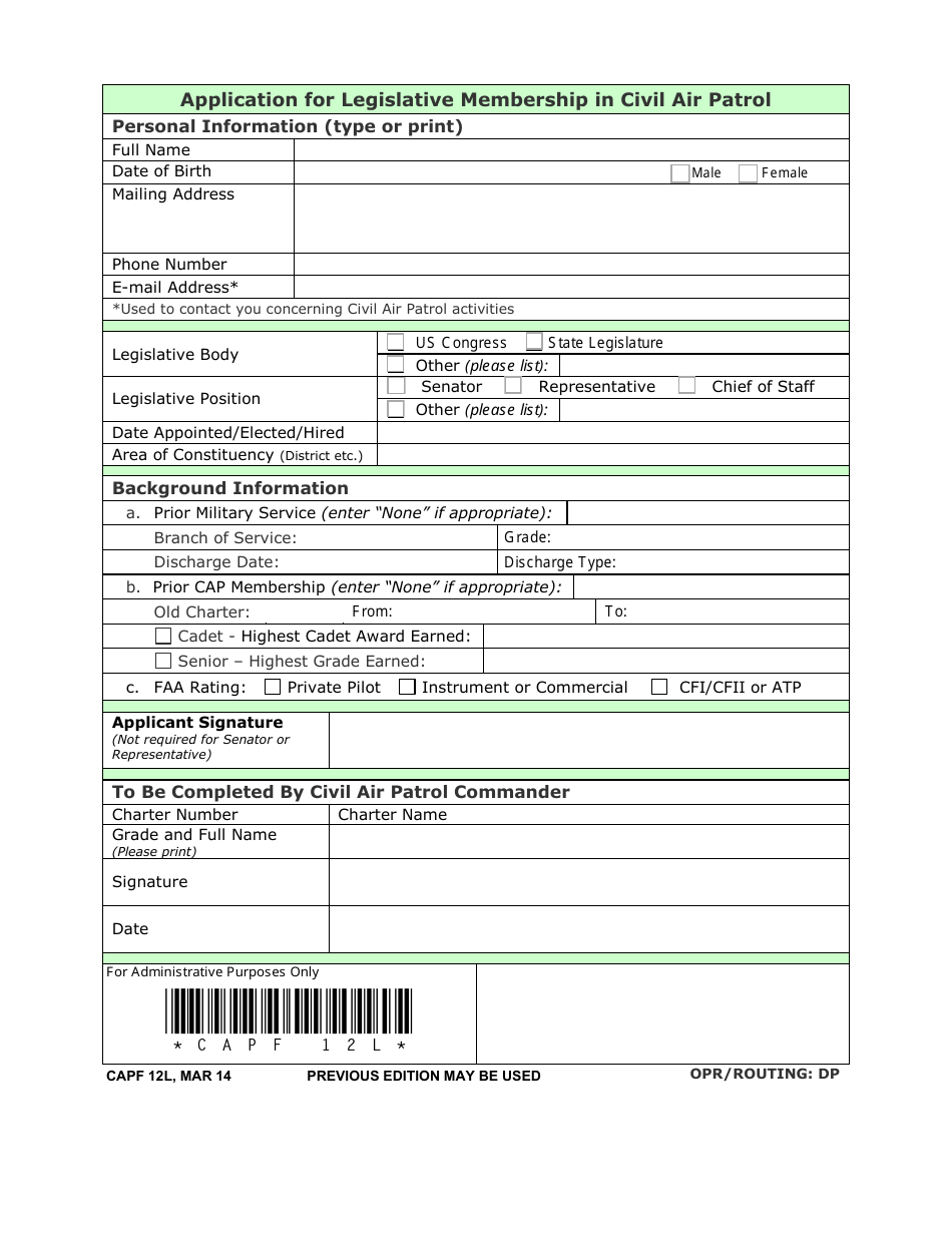 CAP Form 12L Application for Legislative Membership in Civil Air Patrol, Page 1