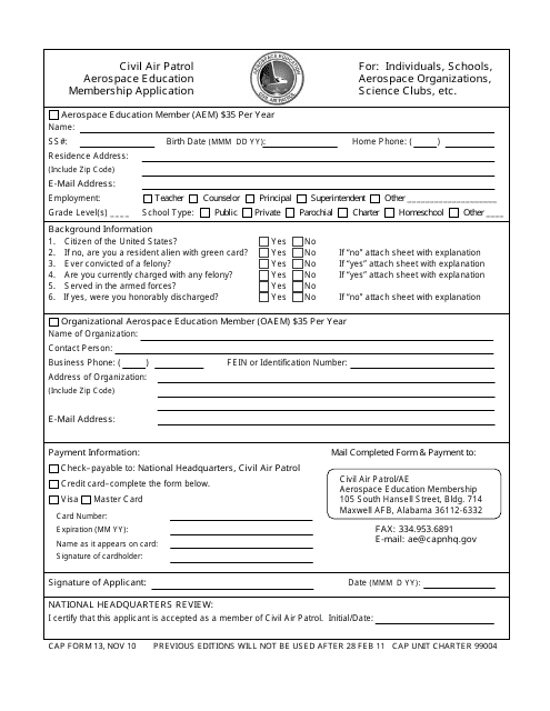CAP Form 13  Printable Pdf