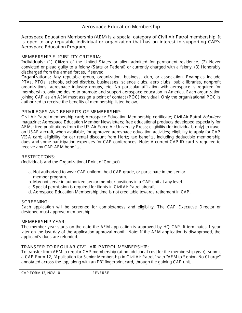CAP Form 13 Aerospace Education Membership Application, Page 2