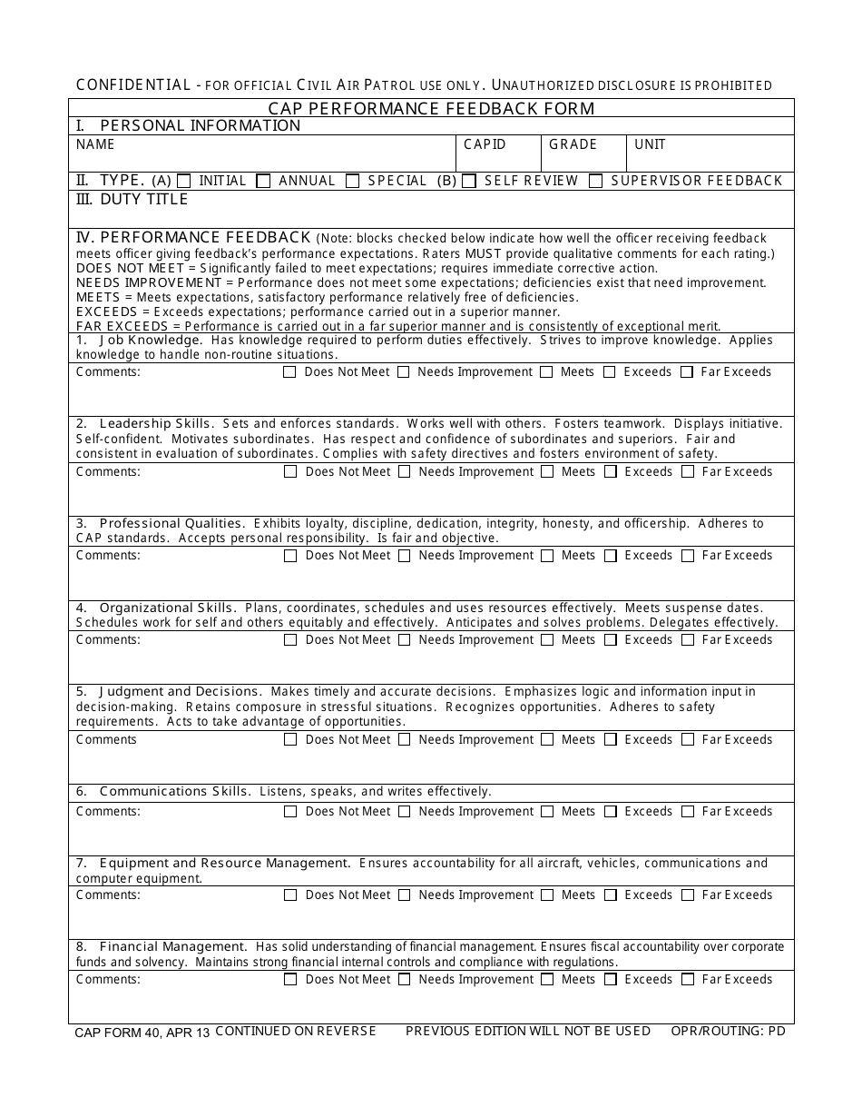 CAP Form 40 CAP Performance Feedback Form, Page 1