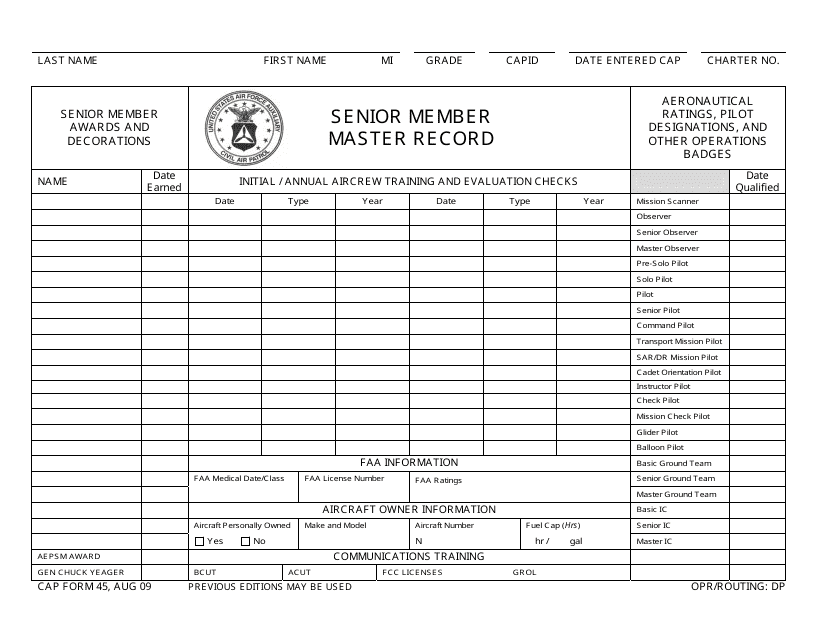 CAP Form 45 Senior Member Master Record