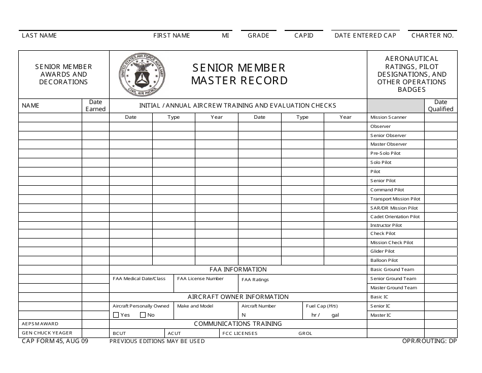 CAP Form 45 Senior Member Master Record, Page 1