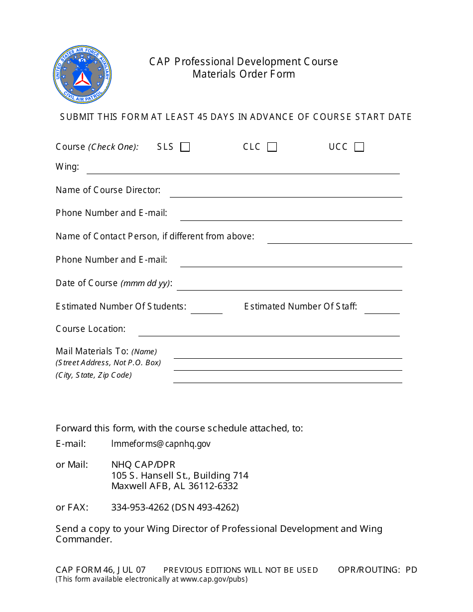 CAP Form 46 CAP Professional Development Course Materials Order Form, Page 1