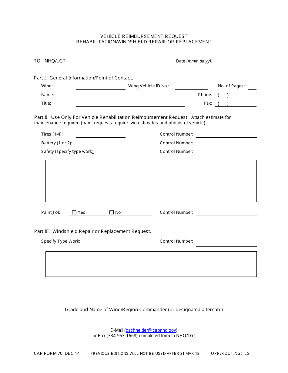 CAP Form 70 Vehicle Reimbursement Request Rehabilitation / Windshield Repair or Replacement, Page 1