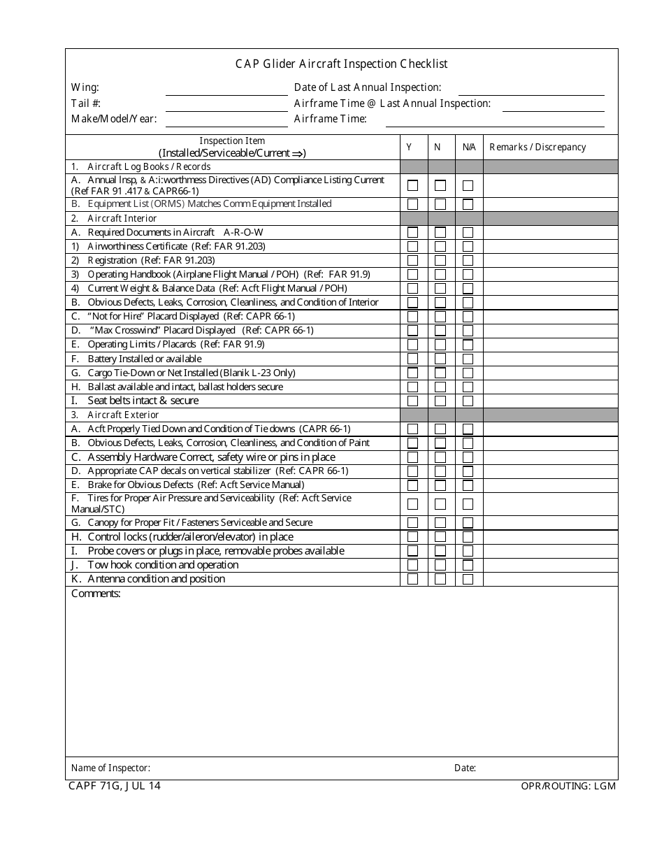 CAP Form 71G CAP Glider Aircraft Inspection Checklist, Page 1