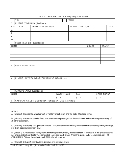 CAP Form 72 CAP Military Airlift (Milair) Request Form