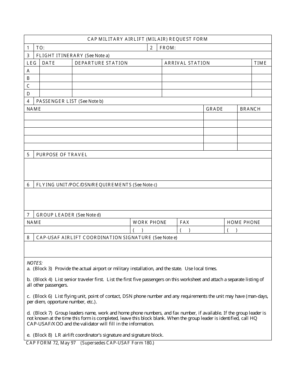 CAP Form 72 CAP Military Airlift (Milair) Request Form, Page 1