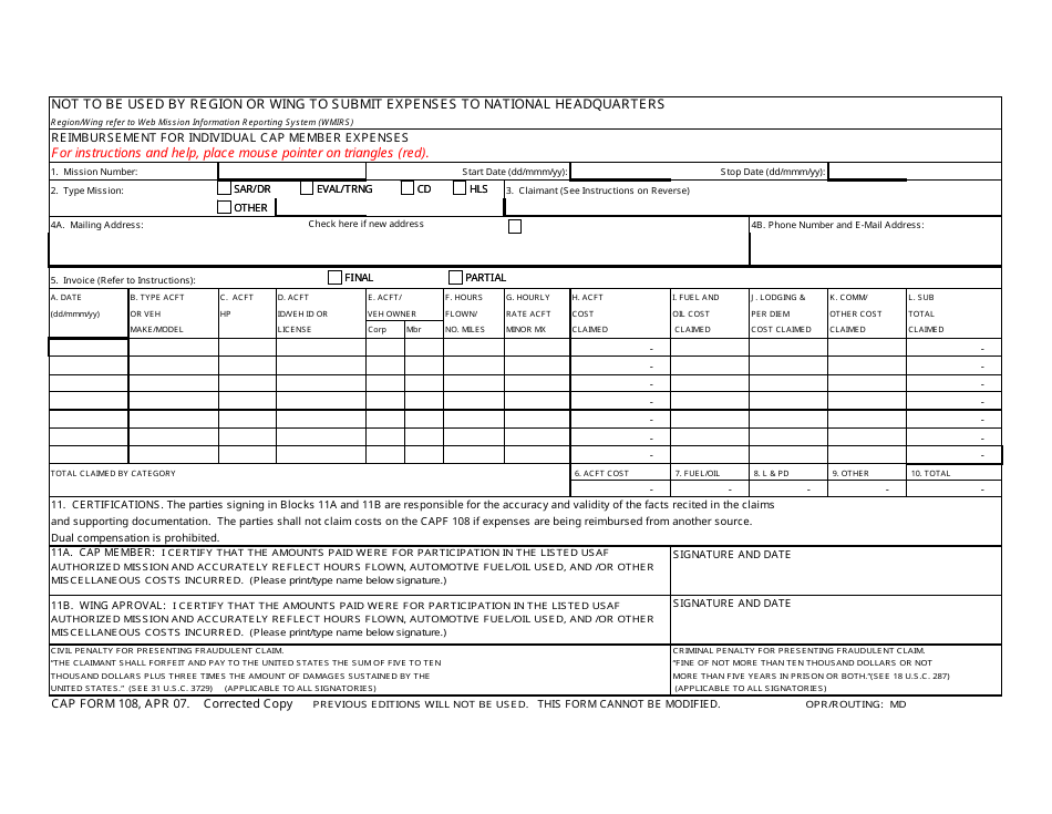 CAP Form 108 Reimbursement for Individual CAP Member Expenses, Page 1