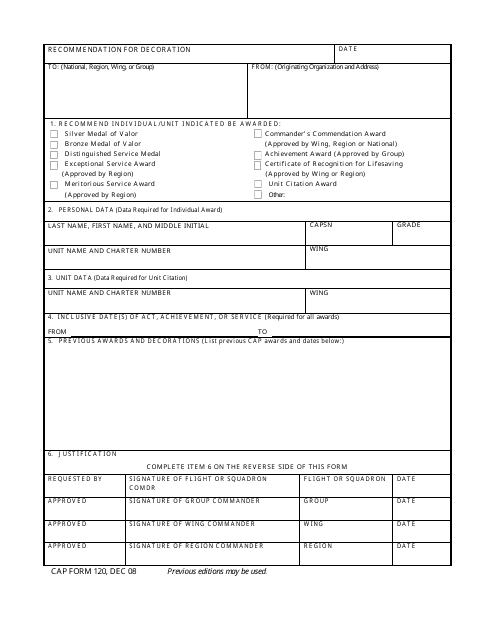 CAP Form 120 Recommendation for Decoration
