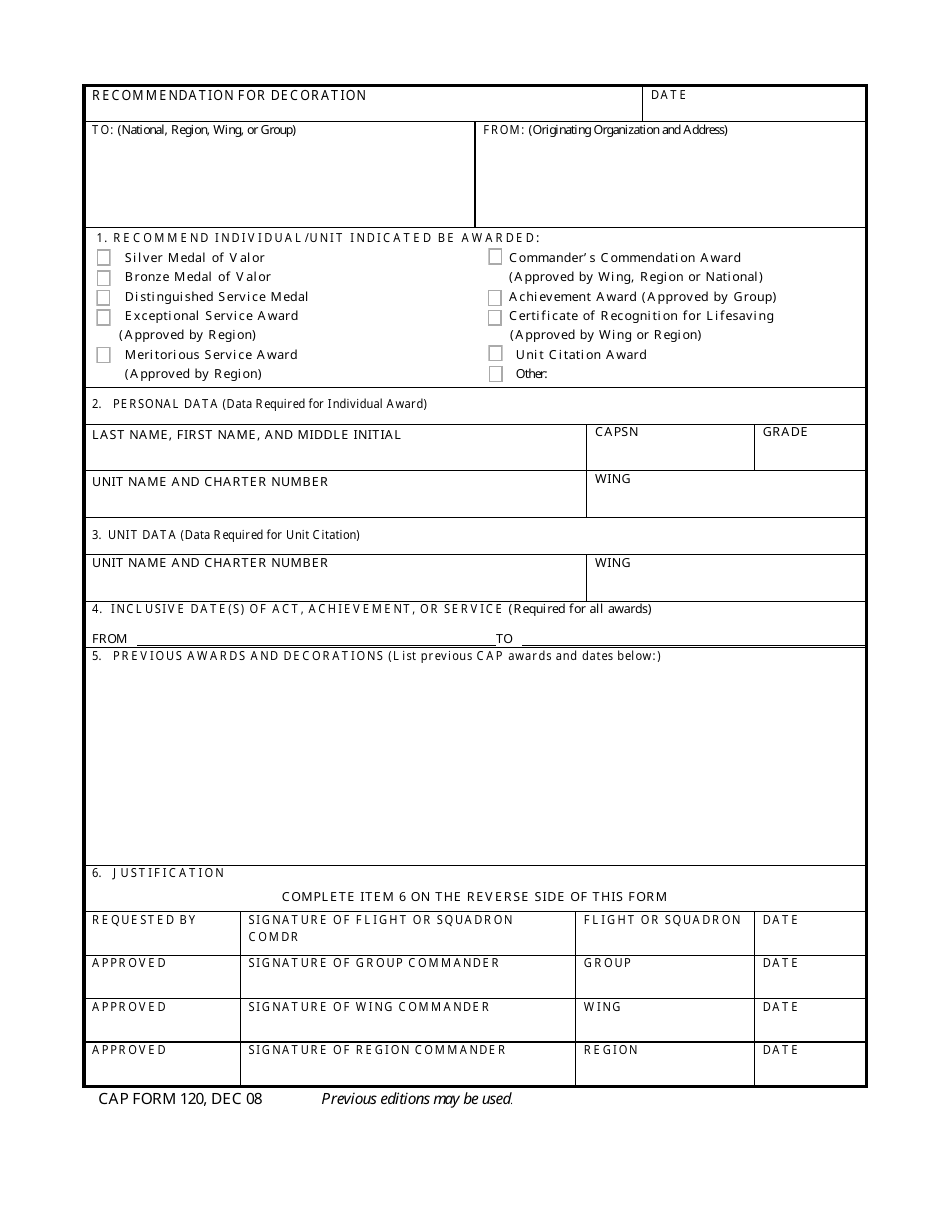CAP Form 120 Recommendation for Decoration, Page 1