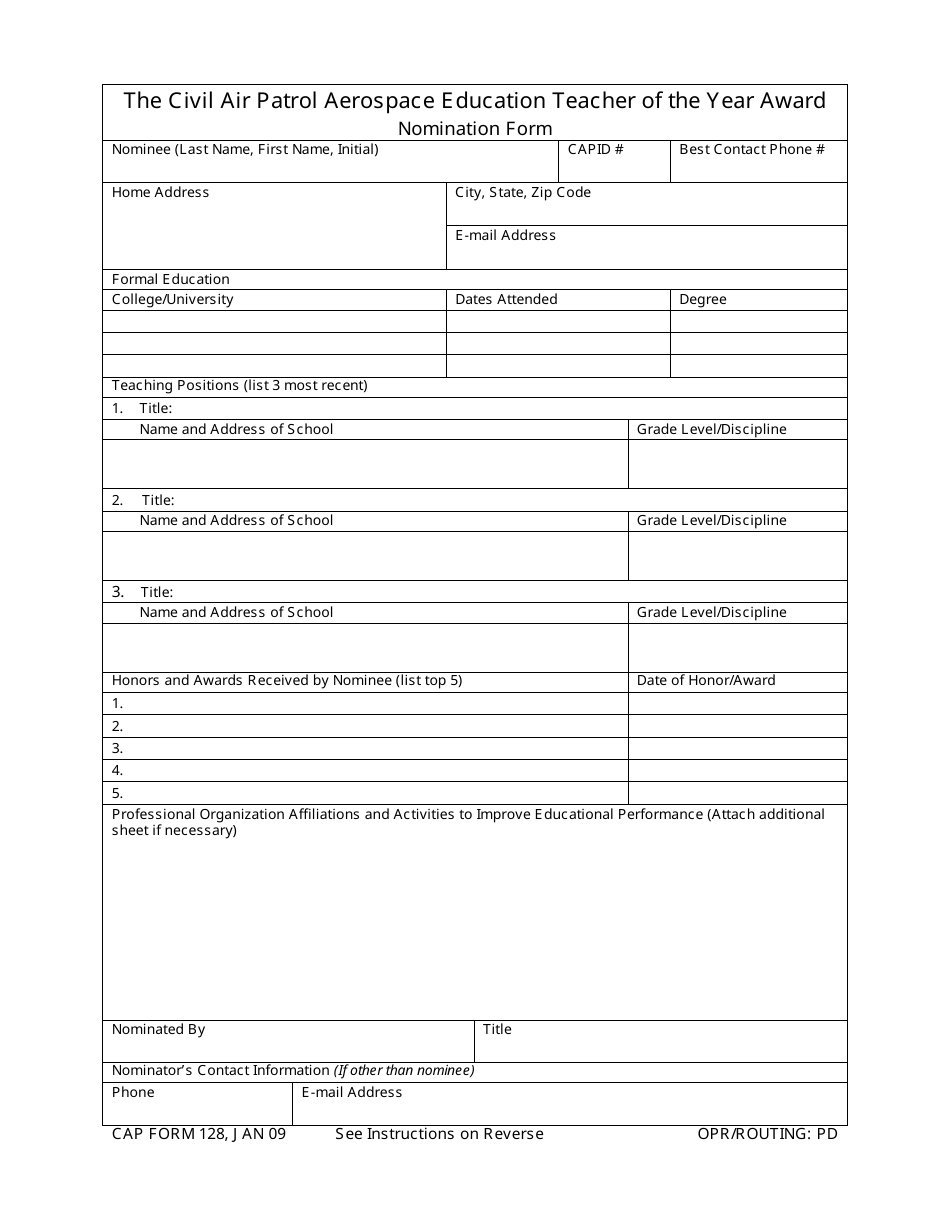 CAP Form 128 The Civil Air Patrol Aerospace Education Teacher of the Year Award Nomination Form, Page 1