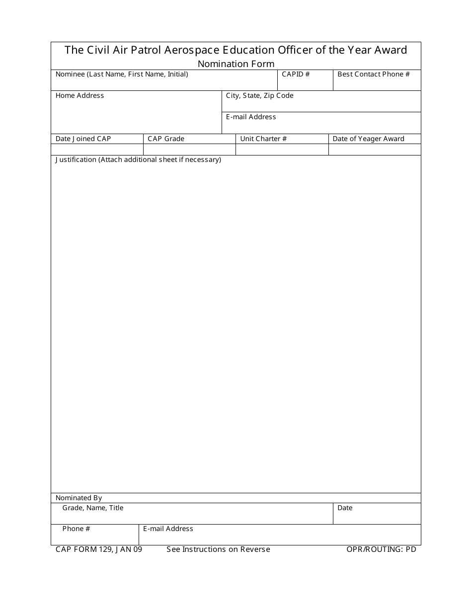 CAP Form 129 The Civil Air Patrol Aerospace Education Officer of the Year Award Nomination Form, Page 1
