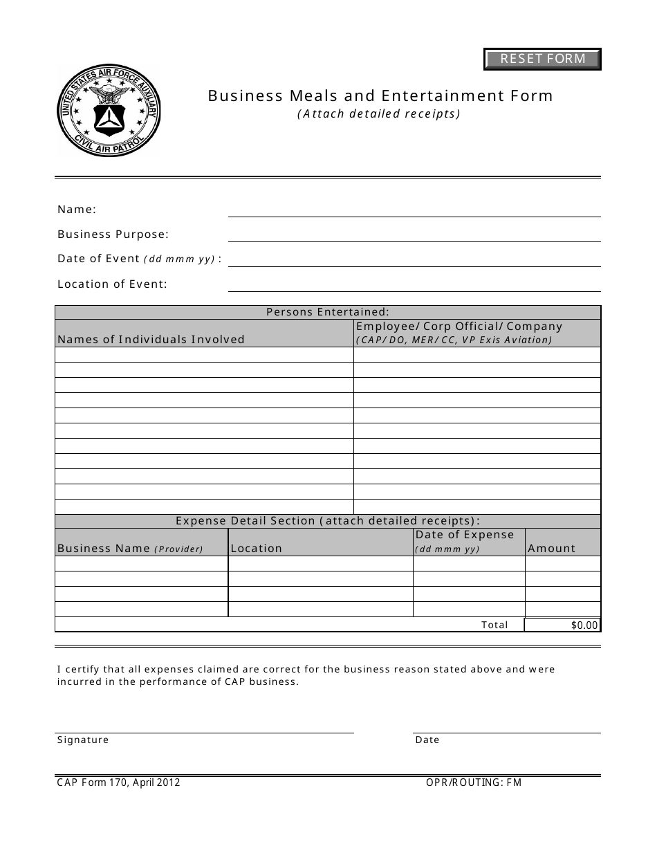 CAP Form 170 Business Meals and Entertainment Form, Page 1