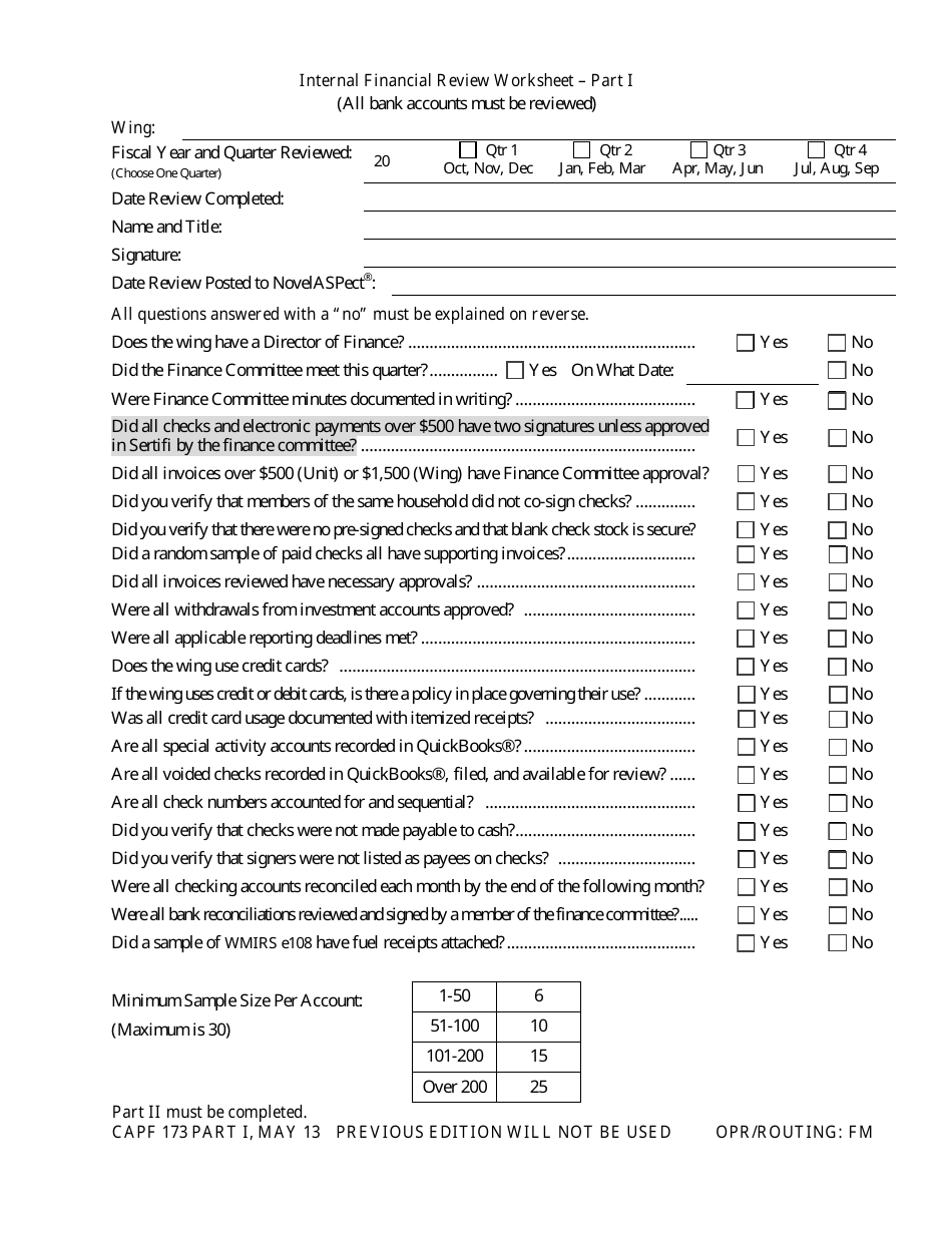 CAP Form 137 Internal Financial Review Worksheet - Part I, Page 1