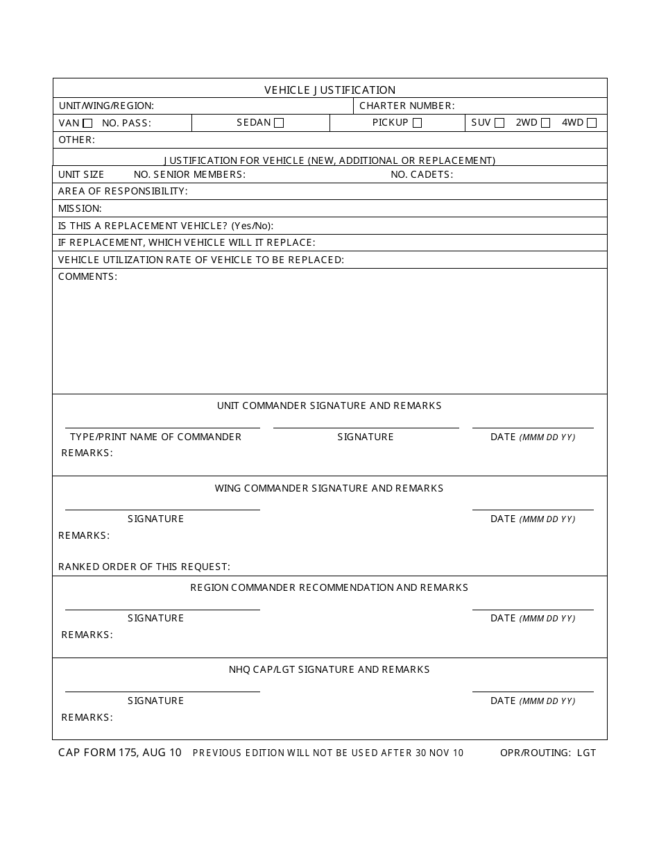 CAP Form 175 Vehicle Justification, Page 1