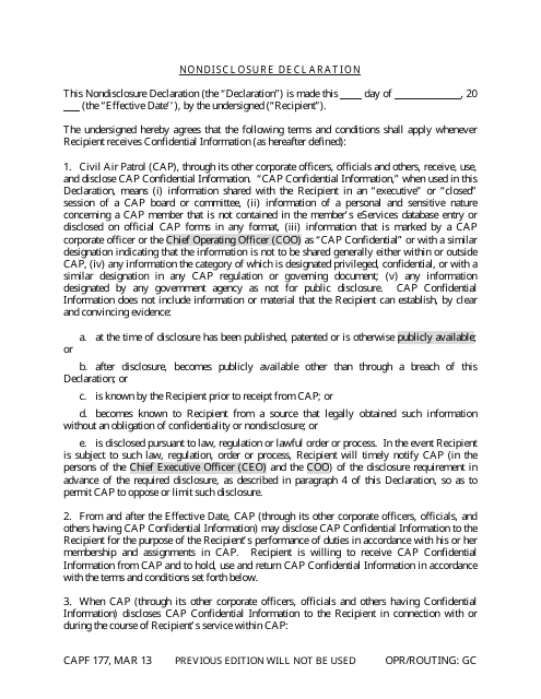 CAP Form 177 Nondisclosure Declaration