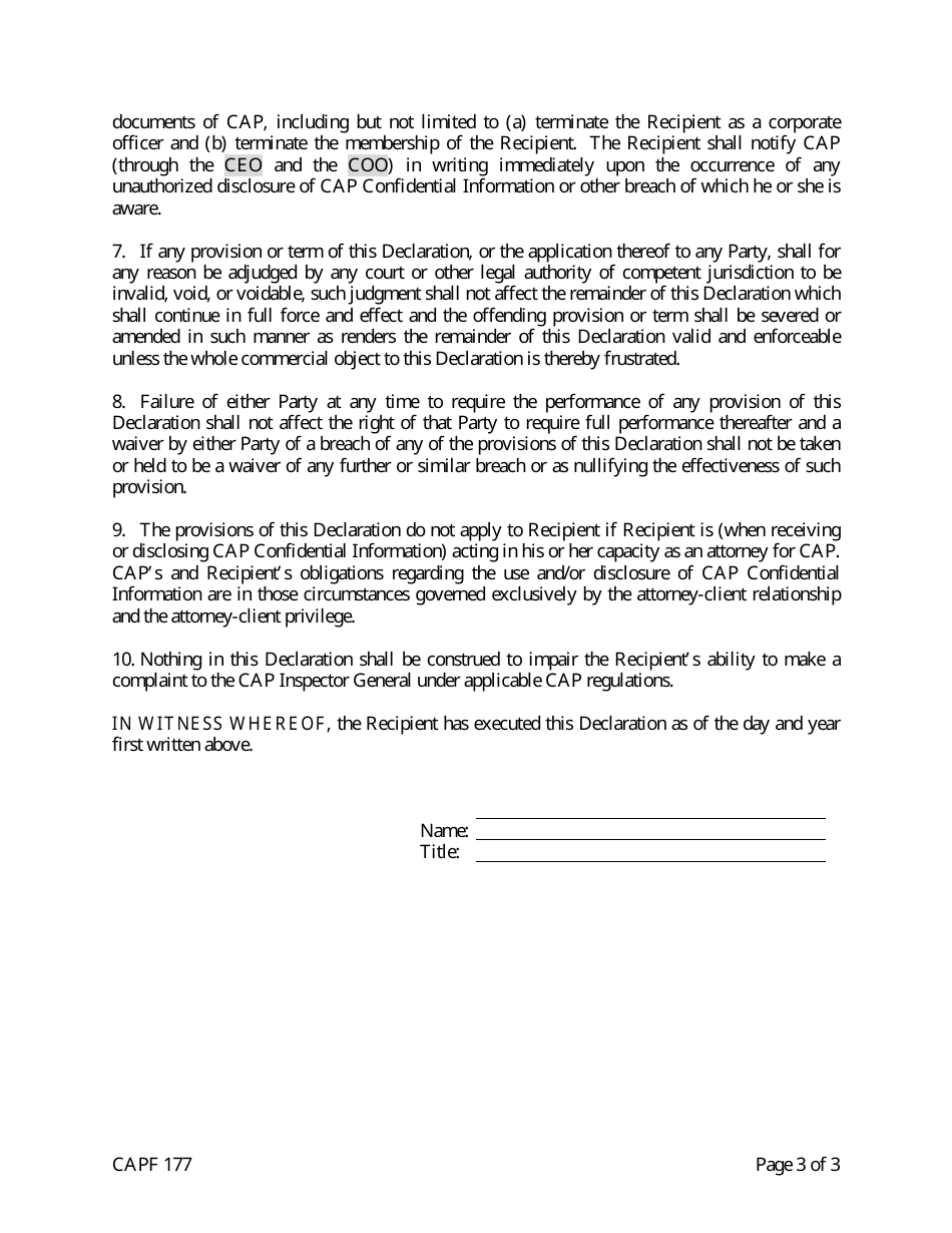 CAP Form 177 Nondisclosure Declaration, Page 3