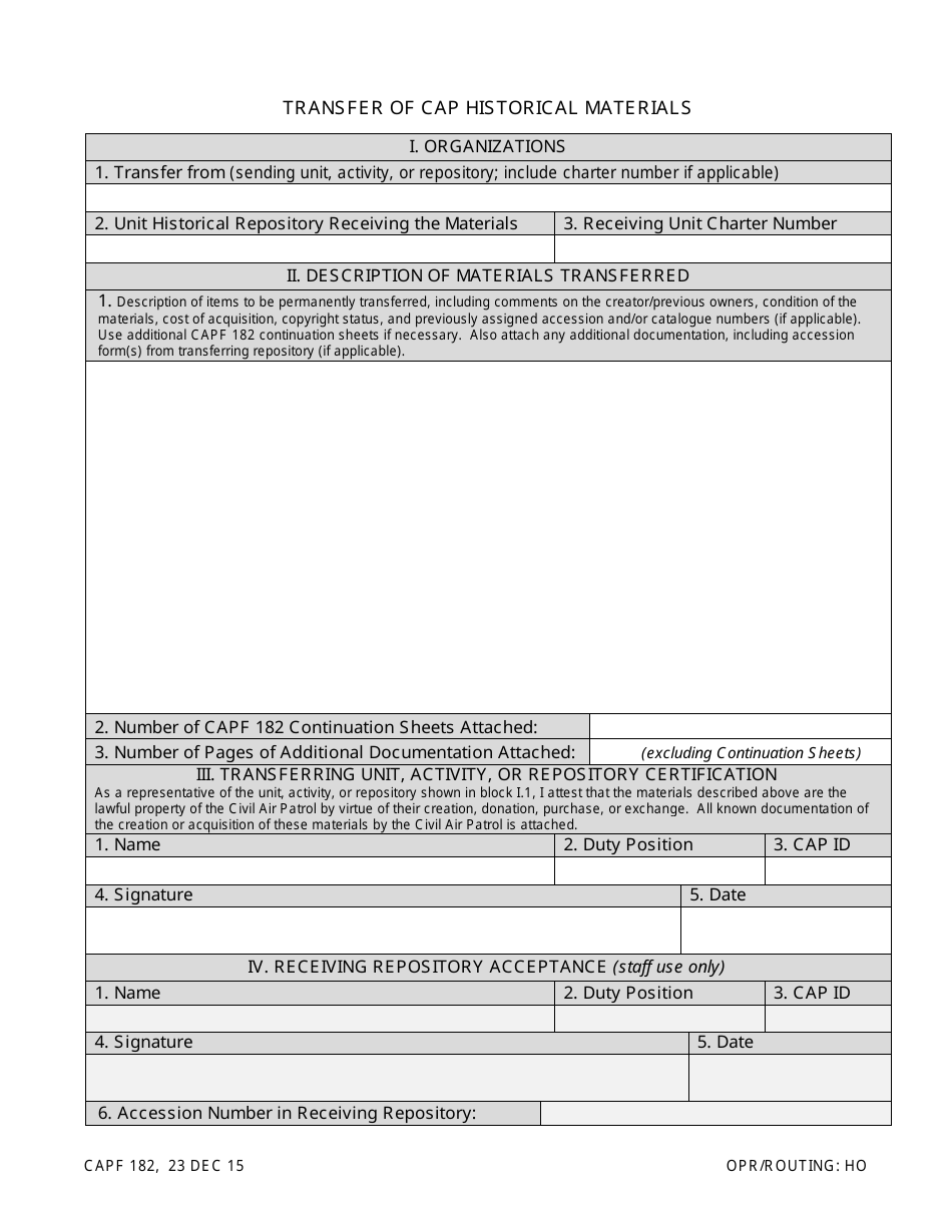 CAP Form 182 Transfer of CAP Historical Materials, Page 1