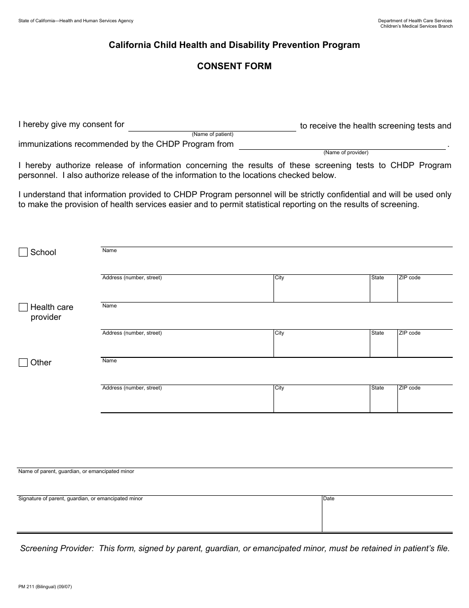 Form PM211 Consent Form - California, Page 1