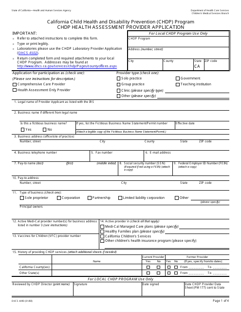 Form DHCS4490 Chdp Health Assessment Provider Application - California