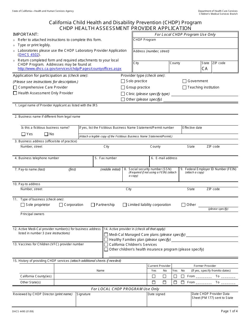 Form DHCS4490 Chdp Health Assessment Provider Application - California, Page 1