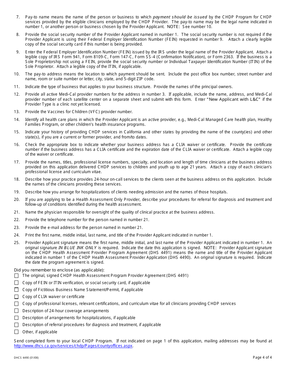 Form DHCS4490 Chdp Health Assessment Provider Application - California, Page 4