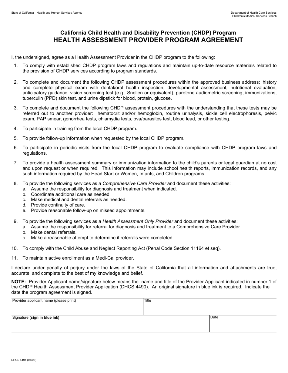 Form DHCS4491 Health Assessment Provider Program Agreement - California, Page 1